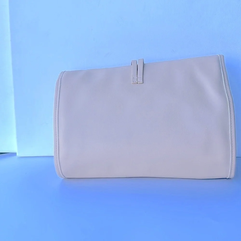 Lancome Faux Leather Tri - Fold Cosmetic Makeup Bag Train Case ~ Nude/Tan